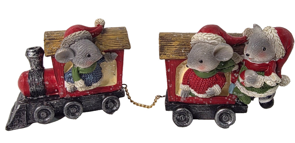 Christmas Mice Train Figurine 2-Piece Resin Holiday Tabletop Decor Red